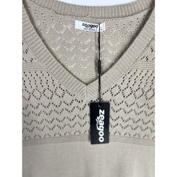 Zeagood Women XL Khaki Eyelet Sweater V-Neck Drop Shoulder Dressy Knit Top - Picture 4 of 4